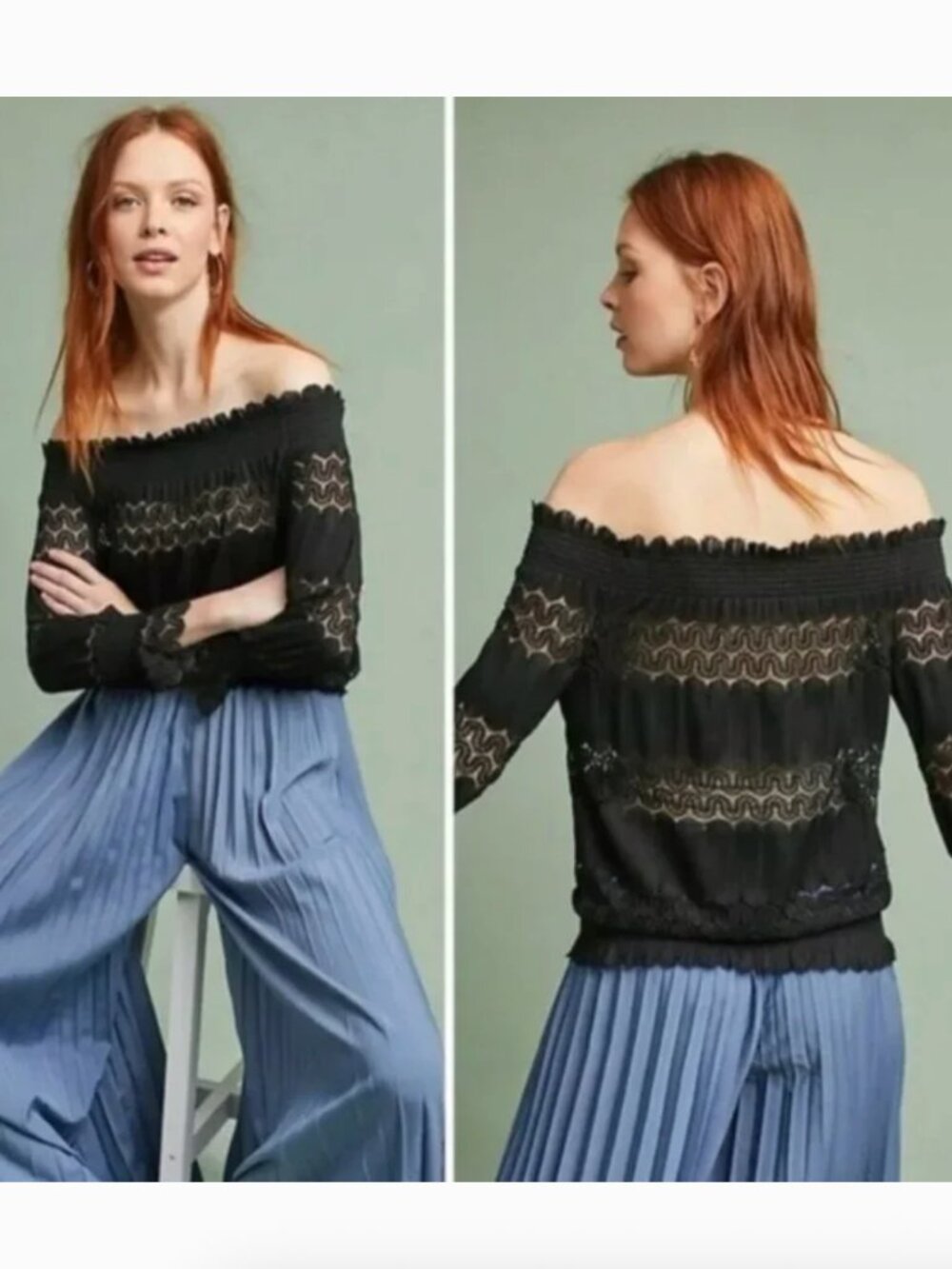 Anthropologie Deletta Riley Black Lace Off the Shoulder Top